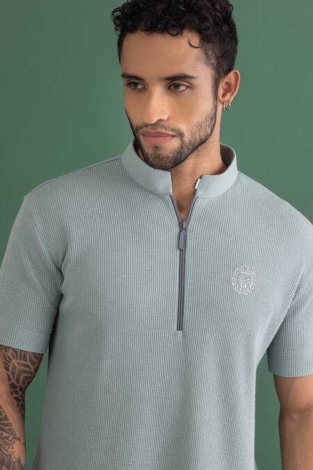Shop_Amit Arora_Blue Cotton Knit Collared T-shirt _Online_at_Aza_Fashions