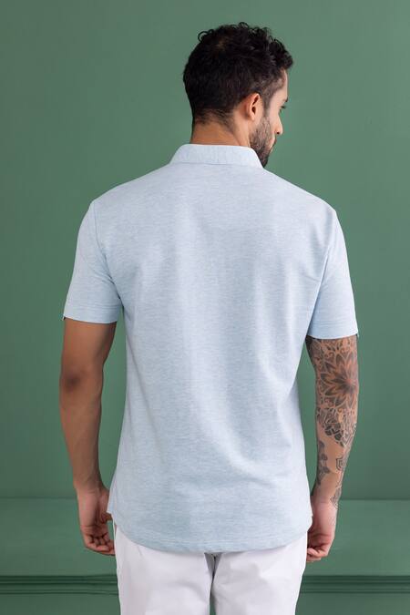 Shop Amit Arora Blue Cotton Knitted Half Sleeve T-shirt at Aza Fashions Shop_Amit Arora_Blue Cotton Knitted Half Sleeve T-shirt_at_Aza_Fashions