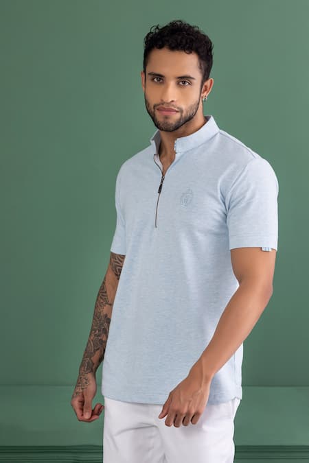 Amit Arora Blue Cotton Knitted Half Sleeve T-shirt Online at Aza Fashions Amit Arora_Blue Cotton Knitted Half Sleeve T-shirt_Online_at_Aza_Fashions