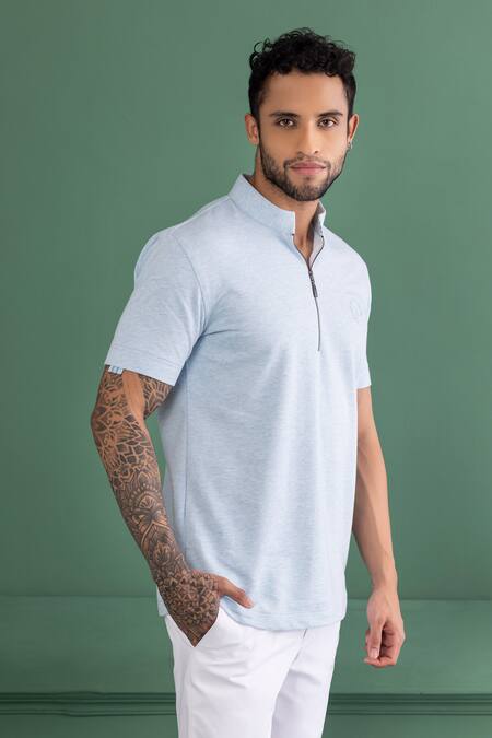 Buy Amit Arora Blue Cotton Knitted Half Sleeve T-shirt Online at Aza Fashions Buy_Amit Arora_Blue Cotton Knitted Half Sleeve T-shirt_Online_at_Aza_Fashions