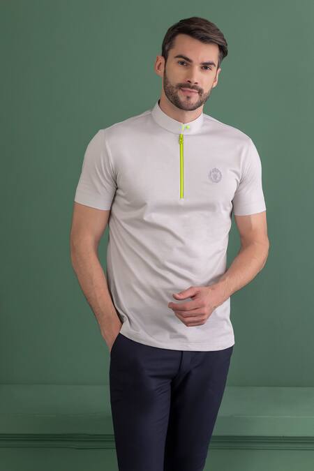 Amit Arora_Grey Cotton Knitted Half Sleeve Collared T-shirt_Online_at_Aza_Fashions
