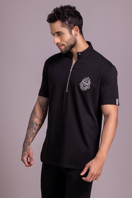 Amit Arora_Black Cotton Knit Half Sleeve T-shirt _Online_at_Aza_Fashions
