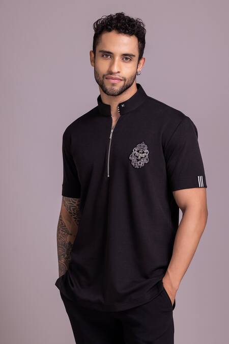 Buy_Amit Arora_Black Cotton Knit Half Sleeve T-shirt _Online_at_Aza_Fashions