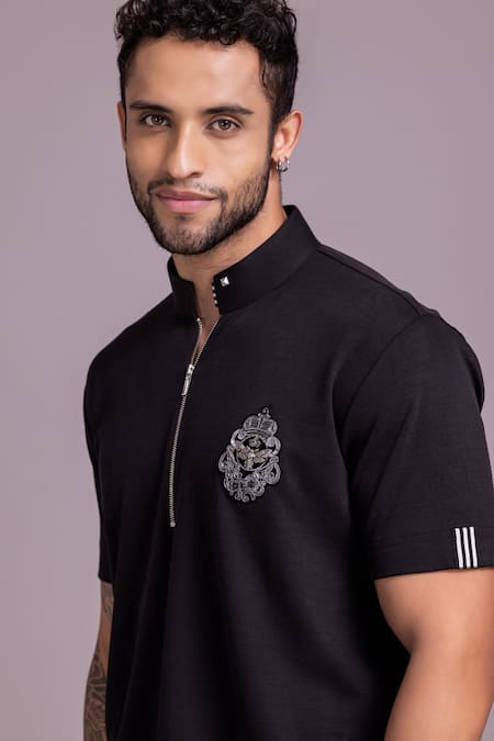 Shop_Amit Arora_Black Cotton Knit Half Sleeve T-shirt _Online_at_Aza_Fashions