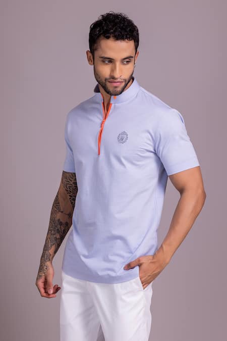 Amit Arora Blue Cotton Embroidery Collared Knitted T-shirt Online at Aza Fashions Amit Arora_Blue Cotton Embroidery Collared Knitted T-shirt _Online_at_Aza_Fashions