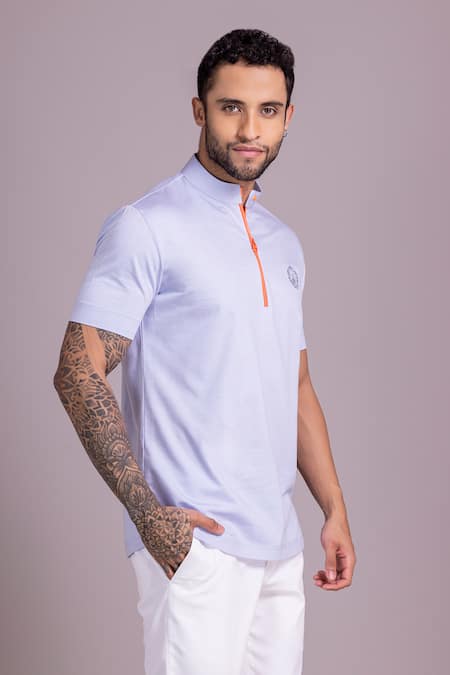 Buy Amit Arora Blue Cotton Embroidery Collared Knitted T-shirt Online at Aza Fashions Buy_Amit Arora_Blue Cotton Embroidery Collared Knitted T-shirt _Online_at_Aza_Fashions