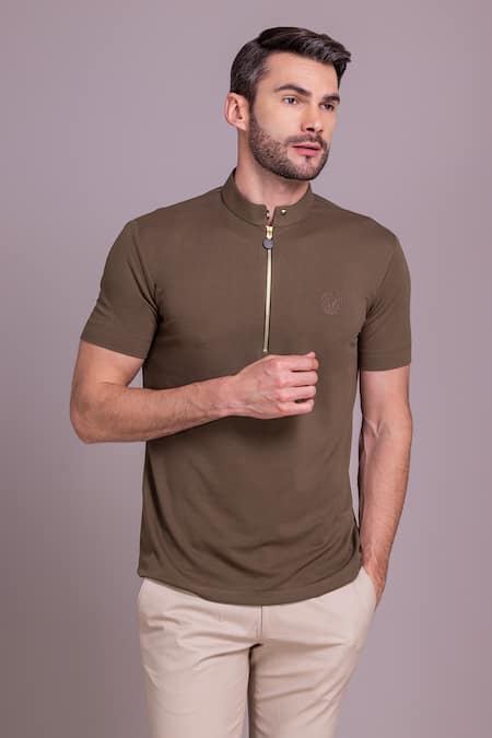 AMIT ARORA Brown Cotton Knit Front Zipper Half Sleeve T-shirt 