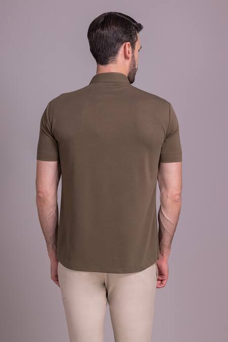 Shop Amit Arora Brown Cotton Knit Front Zipper Half Sleeve T-shirt at Aza Fashions Shop_Amit Arora_Brown Cotton Knit Front Zipper Half Sleeve T-shirt_at_Aza_Fashions