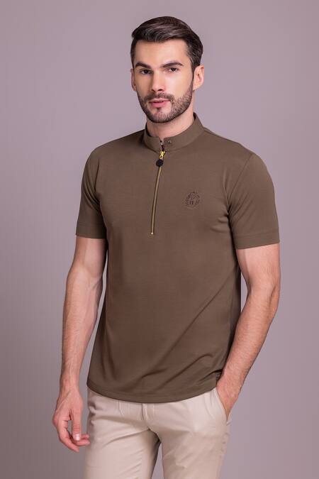 Amit Arora Brown Cotton Knit Front Zipper Half Sleeve T-shirt Online at Aza Fashions Amit Arora_Brown Cotton Knit Front Zipper Half Sleeve T-shirt_Online_at_Aza_Fashions