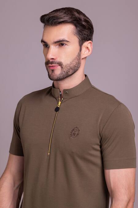 Shop Amit Arora Brown Cotton Knit Front Zipper Half Sleeve T-shirt Online at Aza Fashions Shop_Amit Arora_Brown Cotton Knit Front Zipper Half Sleeve T-shirt_Online_at_Aza_Fashions