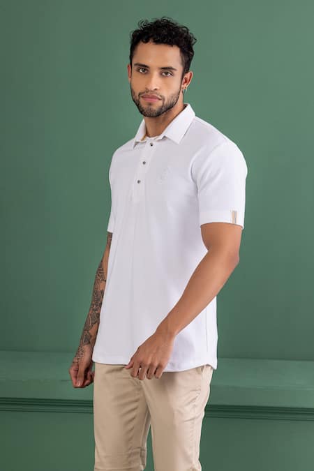 Amit Arora White Cotton Buttoned Placket Half Sleeve T-shirt Online at Aza Fashions Amit Arora_White Cotton Buttoned Placket Half Sleeve T-shirt _Online_at_Aza_Fashions