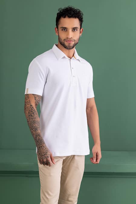 Buy Amit Arora White Cotton Buttoned Placket Half Sleeve T-shirt Online at Aza Fashions Buy_Amit Arora_White Cotton Buttoned Placket Half Sleeve T-shirt _Online_at_Aza_Fashions