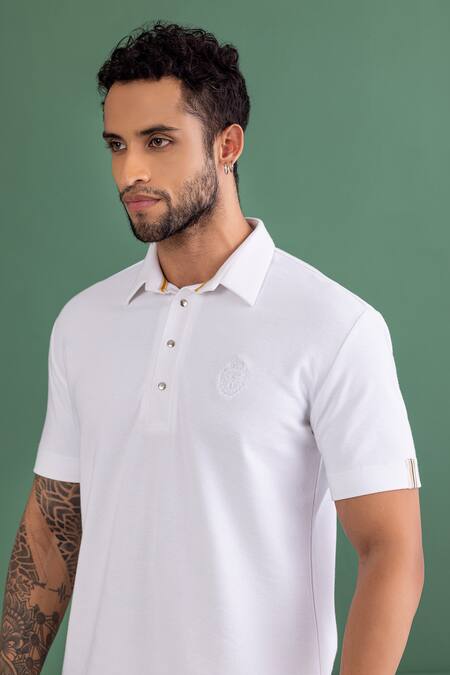 Shop Amit Arora White Cotton Buttoned Placket Half Sleeve T-shirt Online at Aza Fashions Shop_Amit Arora_White Cotton Buttoned Placket Half Sleeve T-shirt _Online_at_Aza_Fashions