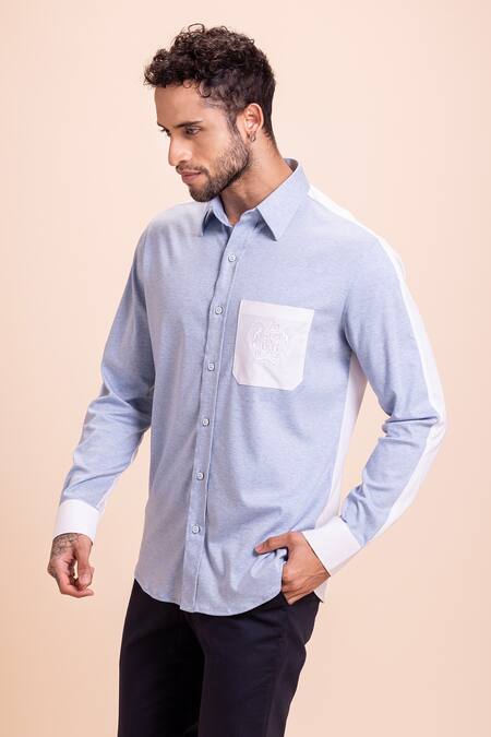 Amit Arora_Blue Cotton Contrast Pocket Shirt_Online_at_Aza_Fashions