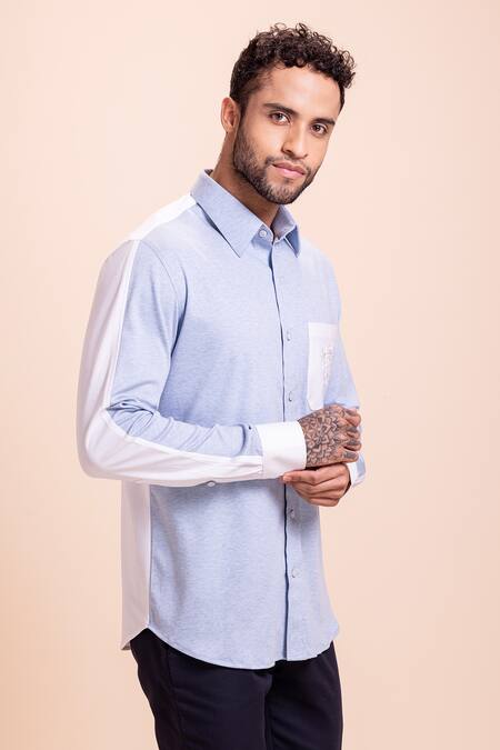 Buy_Amit Arora_Blue Cotton Contrast Pocket Shirt_Online_at_Aza_Fashions
