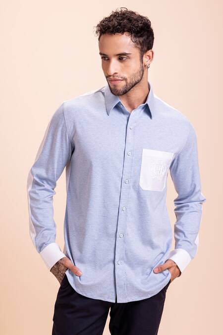 Shop_Amit Arora_Blue Cotton Contrast Pocket Shirt_Online_at_Aza_Fashions
