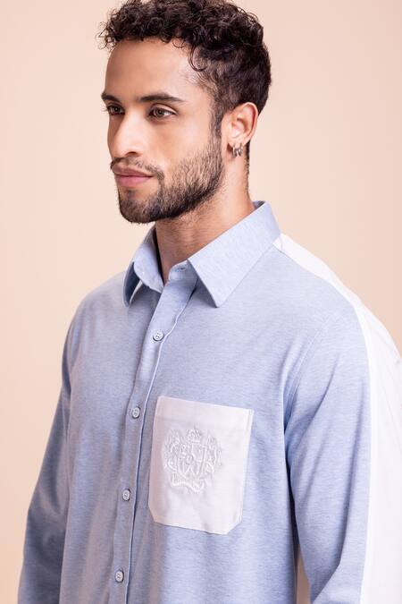 Buy_Amit Arora_Blue Cotton Contrast Pocket Shirt