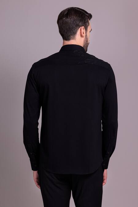 Shop_Amit Arora_Black Cotton Embroidery Butterfly Motif Shirt _at_Aza_Fashions
