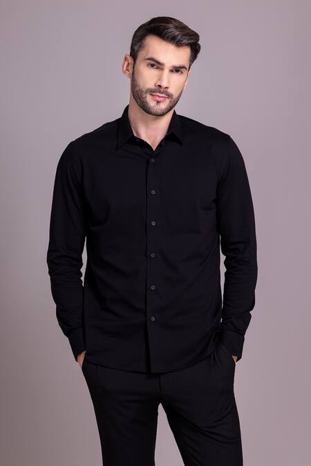 Amit Arora_Black Cotton Embroidery Butterfly Motif Shirt _Online_at_Aza_Fashions