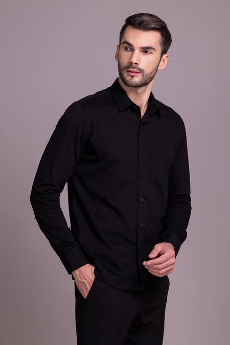 Buy_Amit Arora_Black Cotton Embroidery Butterfly Motif Shirt _Online_at_Aza_Fashions