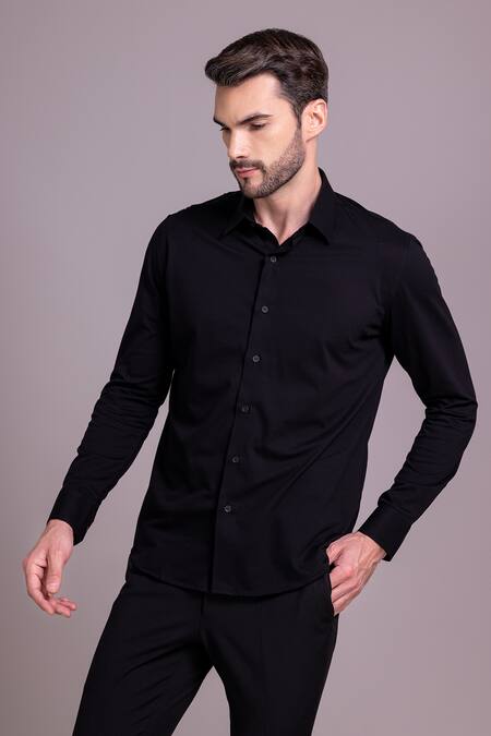 Shop_Amit Arora_Black Cotton Embroidery Butterfly Motif Shirt _Online_at_Aza_Fashions