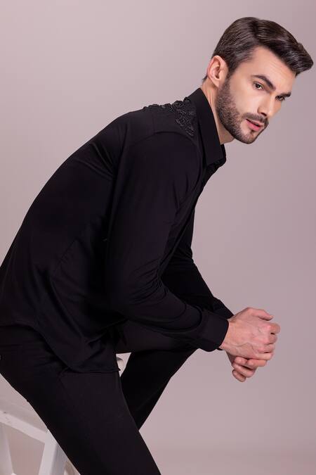 Amit Arora_Black Cotton Embroidery Butterfly Motif Shirt _at_Aza_Fashions