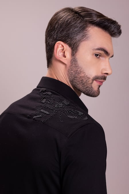 Buy_Amit Arora_Black Cotton Embroidery Butterfly Motif Shirt 