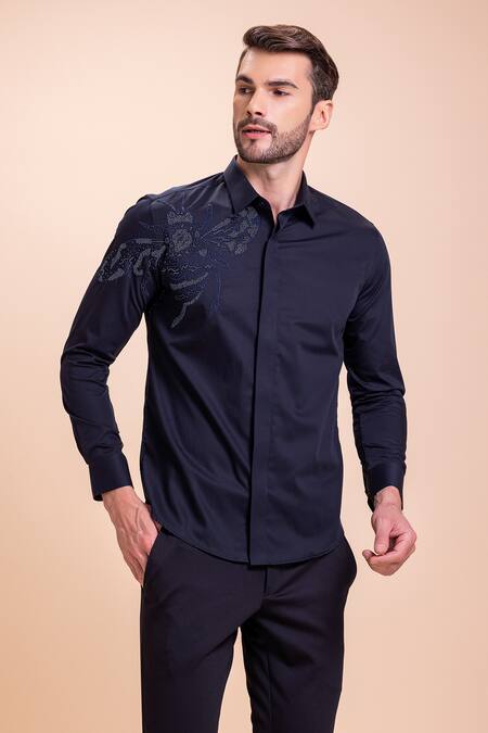 Amit Arora_Blue Beads Bee Motif Embroidered Shirt _Online_at_Aza_Fashions