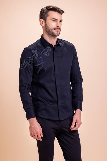 Buy_Amit Arora_Blue Beads Bee Motif Embroidered Shirt _Online_at_Aza_Fashions