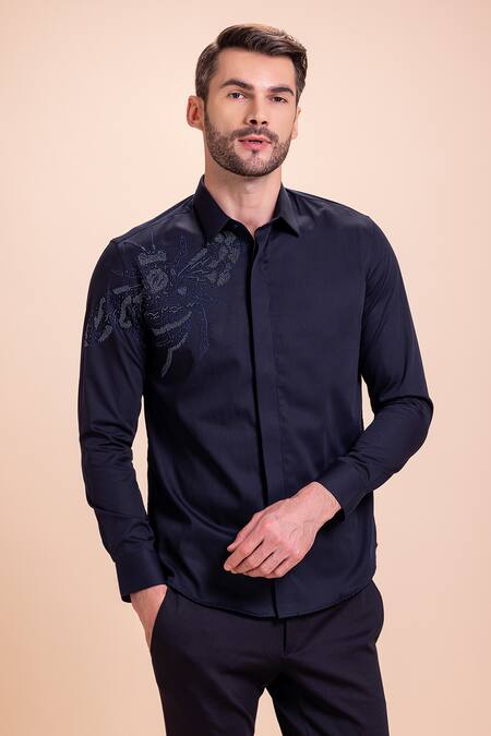 Shop_Amit Arora_Blue Beads Bee Motif Embroidered Shirt _Online_at_Aza_Fashions
