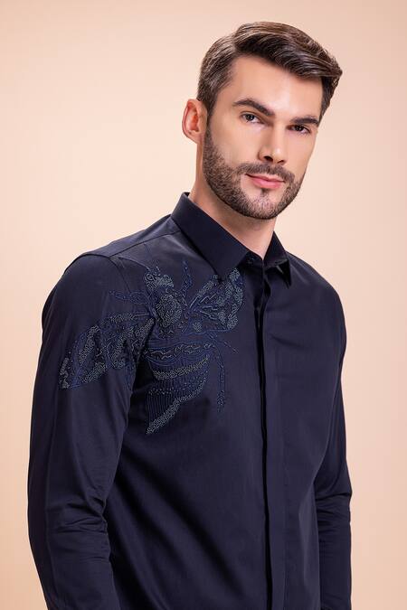 Amit Arora_Blue Beads Bee Motif Embroidered Shirt _at_Aza_Fashions