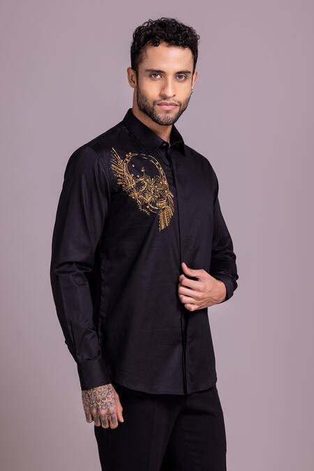 Amit Arora_Black Cotton, Lycra Embroidery Skull Motif Shirt _Online_at_Aza_Fashions