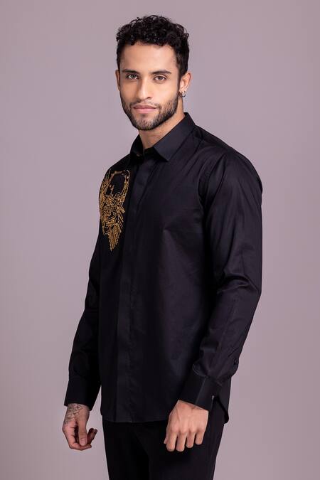 Buy_Amit Arora_Black Cotton, Lycra Embroidery Skull Motif Shirt _Online_at_Aza_Fashions