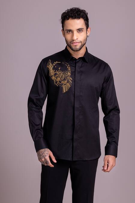 Shop_Amit Arora_Black Cotton, Lycra Embroidery Skull Motif Shirt _Online_at_Aza_Fashions