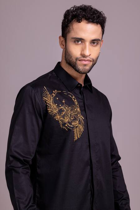 Amit Arora_Black Cotton, Lycra Embroidery Skull Motif Shirt _at_Aza_Fashions