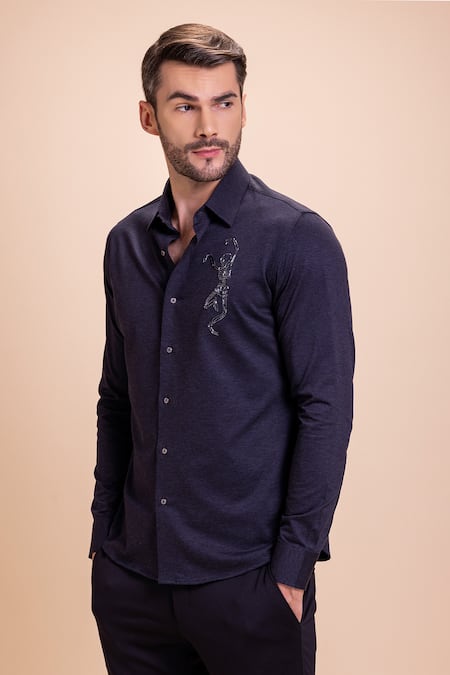 Amit Arora_Blue Cotton Embroidery Dancing Skeleton Motif Shirt_Online_at_Aza_Fashions