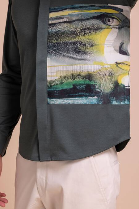Shop_Amit Arora_Green Cotton Patchwork Canvas Shirt_Online_at_Aza_Fashions