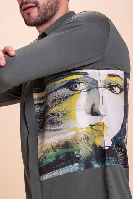 Amit Arora_Green Cotton Patchwork Canvas Shirt_at_Aza_Fashions