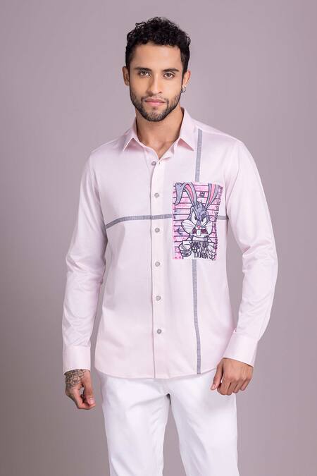 Amit Arora_Pink Cotton Embroidery Bugs Bunny Canvas Patchwork Shirt_Online_at_Aza_Fashions