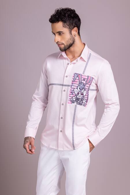 Buy_Amit Arora_Pink Cotton Embroidery Bugs Bunny Canvas Patchwork Shirt_Online_at_Aza_Fashions