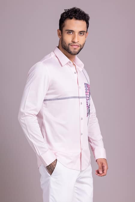 Shop_Amit Arora_Pink Cotton Embroidery Bugs Bunny Canvas Patchwork Shirt_Online_at_Aza_Fashions