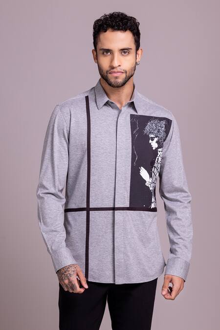 Amit Arora_Grey Cotton Patchwork Canvas Knitted Shirt_Online_at_Aza_Fashions