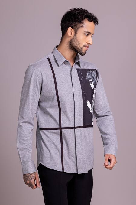 Buy_Amit Arora_Grey Cotton Patchwork Canvas Knitted Shirt_Online_at_Aza_Fashions