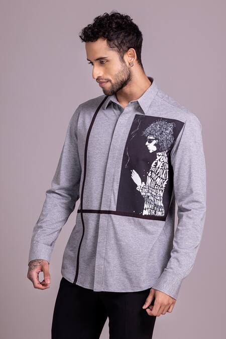 Shop_Amit Arora_Grey Cotton Patchwork Canvas Knitted Shirt_Online_at_Aza_Fashions