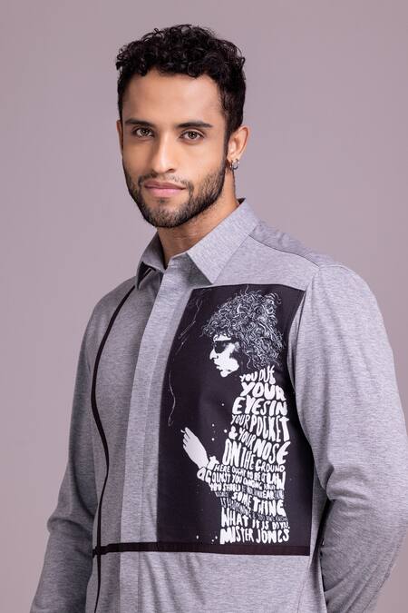 Amit Arora_Grey Cotton Patchwork Canvas Knitted Shirt_at_Aza_Fashions
