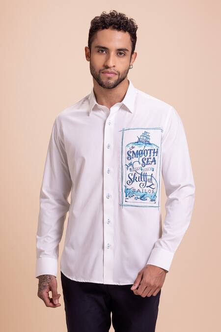 Amit Arora White Cotton Patchwork Canvas Button Down Collared Shirt Online at Aza Fashions Amit Arora_White Cotton Patchwork Canvas Button Down Collared Shirt _Online_at_Aza_Fashions