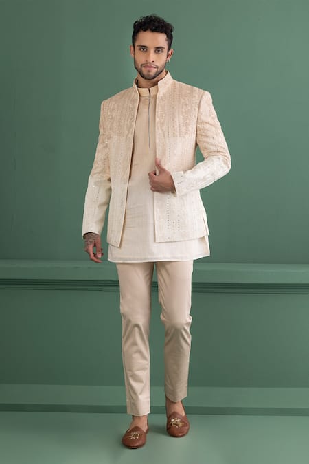 AMIT ARORA Beige Jacket And Kurta Silk Chanderi Embroidery Mirror & Set 