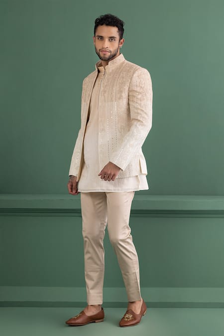 Shop_Amit Arora_Beige Silk, Chanderi, Cotton, Lycra Embroidery Jacket And Kurta Set _at_Aza_Fashions