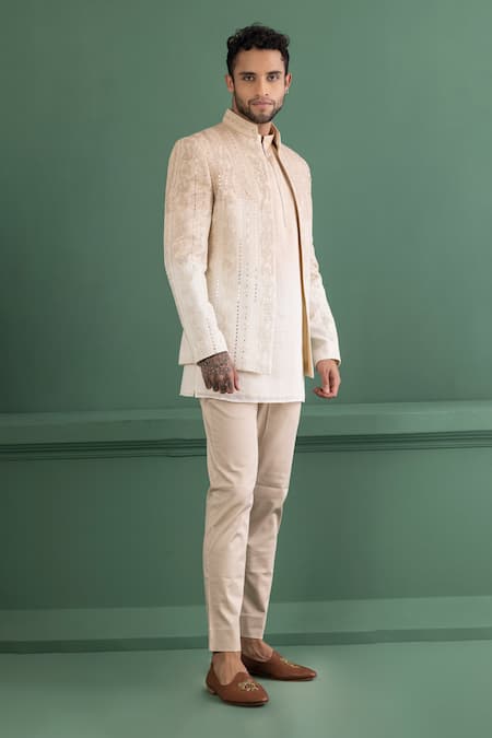 Buy_Amit Arora_Beige Silk, Chanderi, Cotton, Lycra Embroidery Jacket And Kurta Set _Online_at_Aza_Fashions