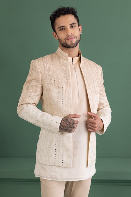Shop_Amit Arora_Beige Silk, Chanderi, Cotton, Lycra Embroidery Jacket And Kurta Set _Online_at_Aza_Fashions